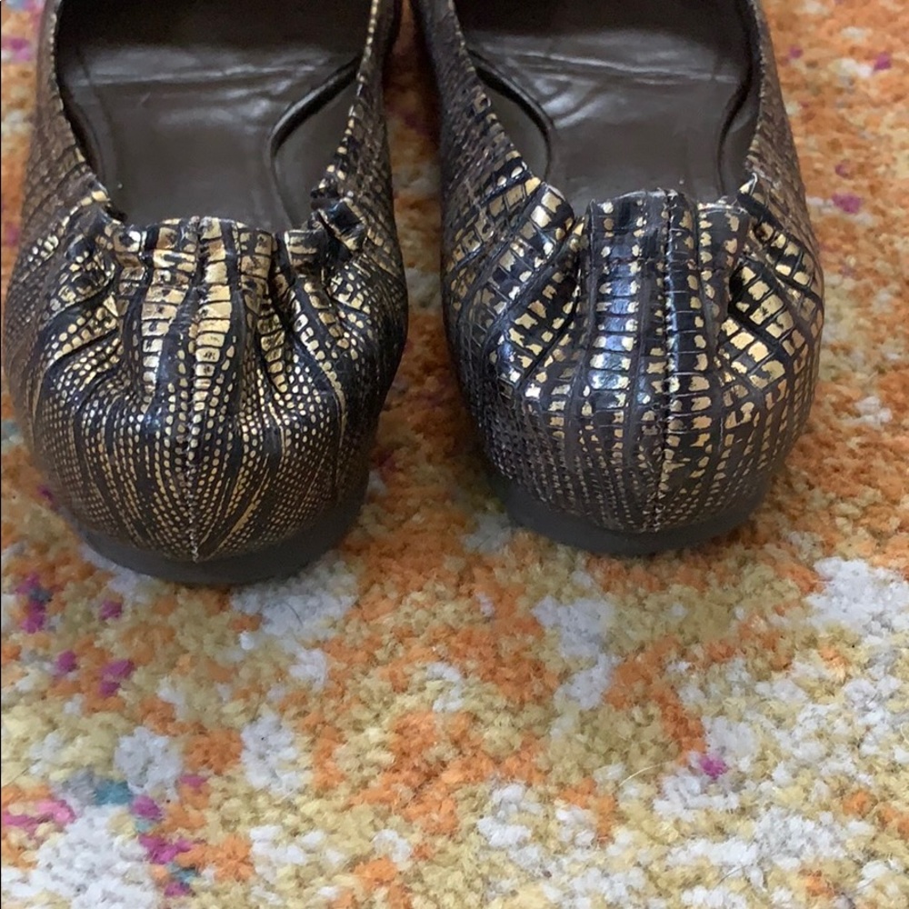 Tory Burch Black and Gold Snake Print Reva Flats - Picture 5 of 8